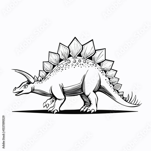 Stegosaurus line drawing featuring smooth sketch-style strokes in a refined black and white vector design.