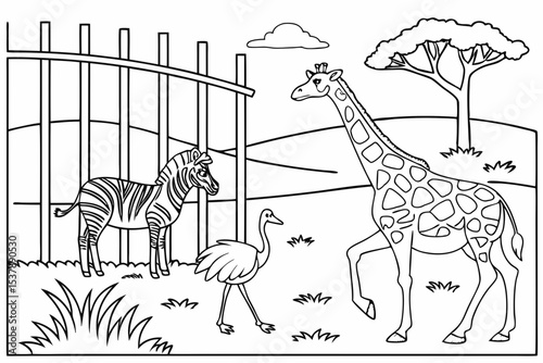 coloring page for kids, a zoo enclosure with a giraffe, a zebra, and an ostrich standing together, simple savanna background, thick outlines, black and white