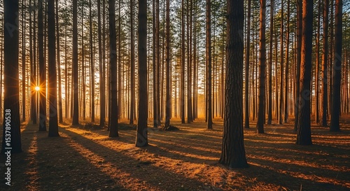 Golden Sunlight Filtering Through Tall Pine Trees in a Serene Forest