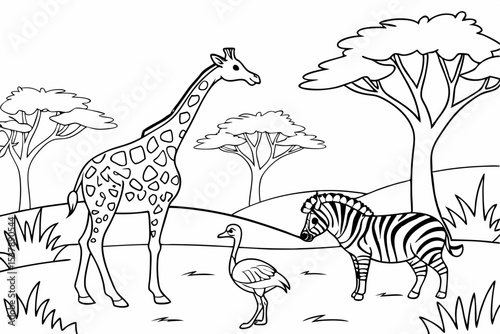 coloring page for kids, a zoo enclosure with a giraffe, a zebra, and an ostrich standing together, simple savanna background, thick outlines, black and white