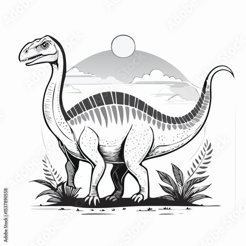 Brontosaurus line drawing featuring smooth sketch-style strokes in a refined black and white vector design.