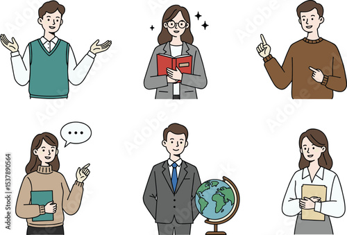 Diverse teachers and educators with books and globe, explaining, instructing, and speaking, modern classroom staff illustration for education, school learning and academic presentation concept