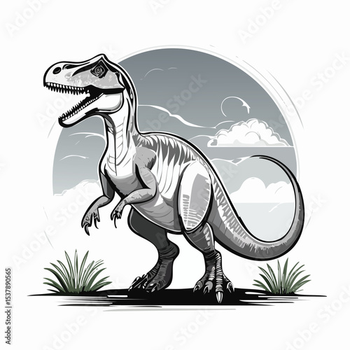 Allosaurus line drawing featuring smooth sketch-style strokes in a refined black and white vector design.