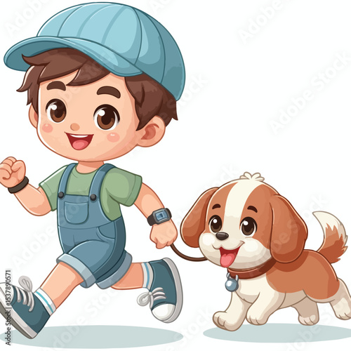 Cute boy cartoon vector jogging with dog