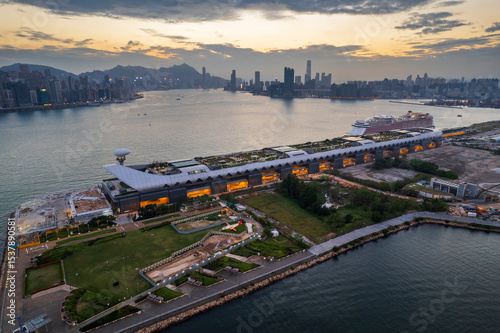 Aerial View of Kowloon Peninsula & Kai Tak Cruise terminal at Dusk, Hong Kong
