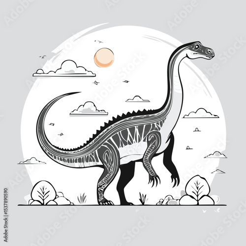 Diplodocus line drawing featuring smooth sketch-style strokes in a refined black and white vector design.
