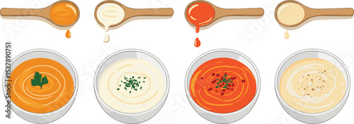 Different types of soup in bowls with spoons dripping broth, creamy and vegetable varieties, delicious homemade recipes, warm comfort food and culinary presentation illustration