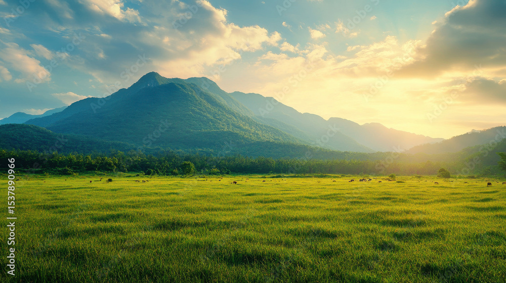 Fototapeta premium Peaceful scenic mountain view with green fields under soft cloudy sky ideal for travel blog nature background or eco-tourism concepts