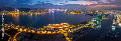 Aerial View of Kowloon Peninsula & Kai Tak Cruise terminal at Night, Hong Kong
