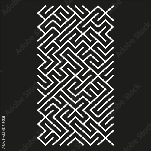 Maze stripe vector. Black interlock pattern. Geometric weave texture. Vertical band layout. 