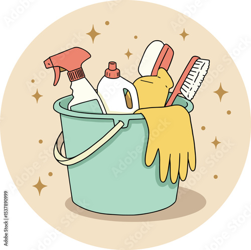 Bucket full of cleaning supplies with gloves, brush, spray bottle and detergent, household sanitation tools for home hygiene, disinfecting and deep cleaning service illustration