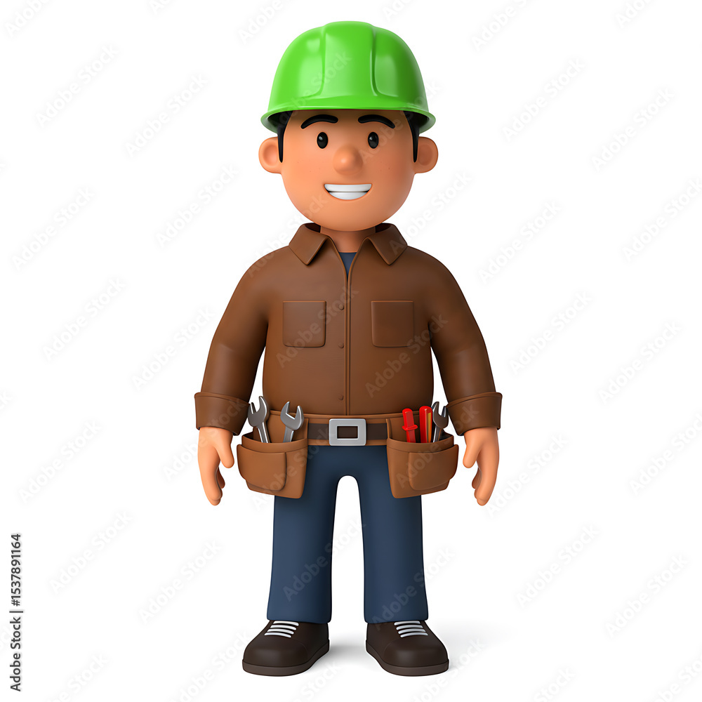 Cheerful 3D Cartoon Construction Worker Ready for Work with Tools Cheerful 3D Cartoon Construction Worker Ready for Work with Tools