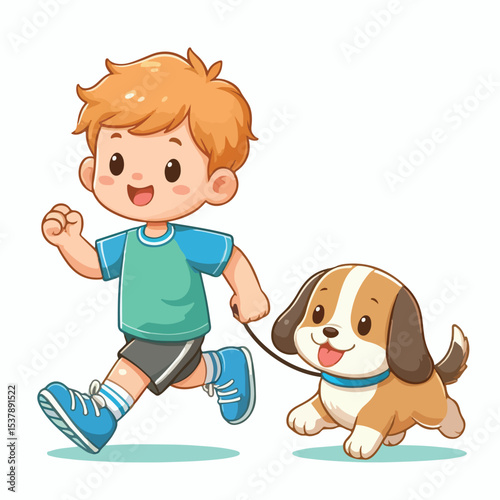 Cute boy cartoon vector jogging with dog