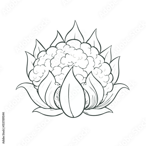 Cauliflower line drawing featuring smooth sketch-style strokes in a refined black and white vector design.
