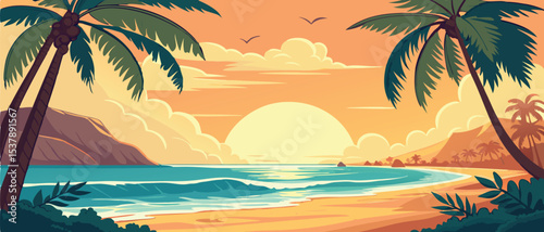 Tropical Beach Sunset with Palm Trees Landscape