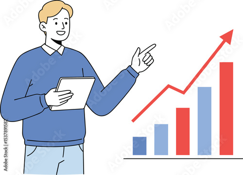 Businessman holding tablet presenting growth chart, increasing bar graph and rising arrow, financial success analysis, marketing report presentation, corporate data visualization concept illustration