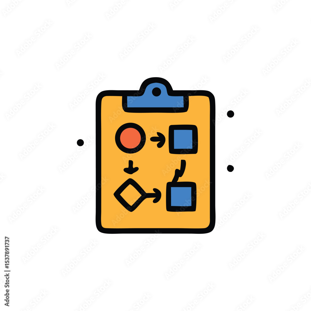 Fototapeta premium Flowchart diagram on a clipboard, illustrating a process with decision points and actions.
