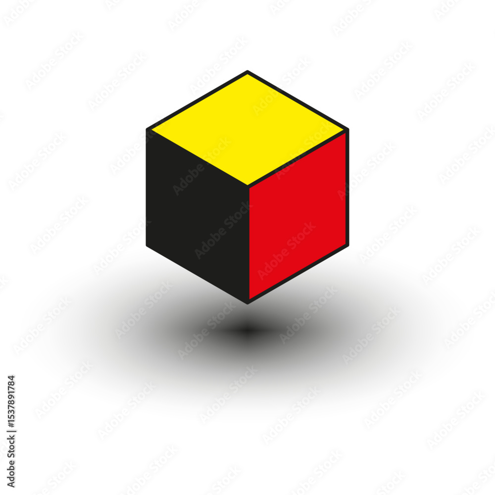 Fototapeta premium Cube vector shape. Red yellow black. Isometric box figure. Three color shadow