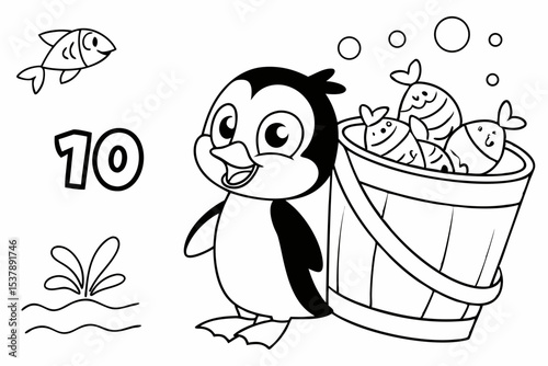coloring page for kids, counting page, a penguin is happily looking at a bucket full of fish, with a large number 10 written on the bucket, thick outlines, black and white