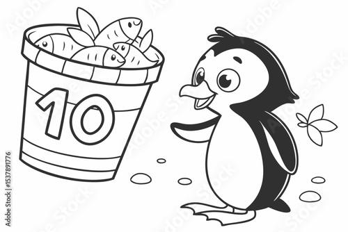 coloring page for kids, counting page, a penguin is happily looking at a bucket full of fish, with a large number 10 written on the bucket, thick outlines, black and white