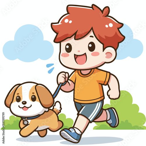 Cute boy cartoon vector jogging with dog