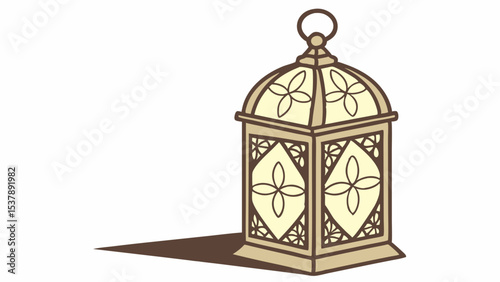 Illustration of a beige lantern with floral designs and a shadow cast on a white background created with generated ai