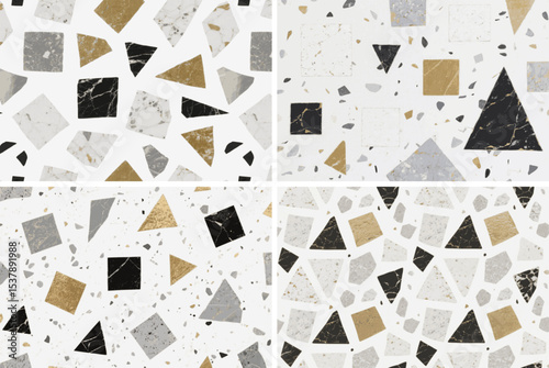 Elegant Luxury Gold Black Grey Terrazzo Vector white Background wallpaper repeating pattern of irregular geometric shapes texture of different marbled stone types.
