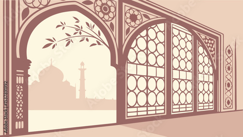 View of the taj mahal through an ornate archway with floral and geometric designs in a sepia tone color scheme created with generated ai