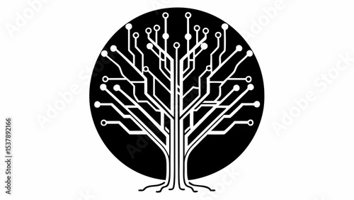 Stylized tree with circuit board design inside a black circle on a white background element vector created with generated ai