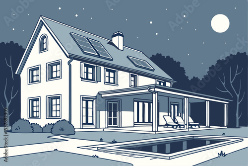 Night view of a beautiful white house with solar panels and a swimming pool
