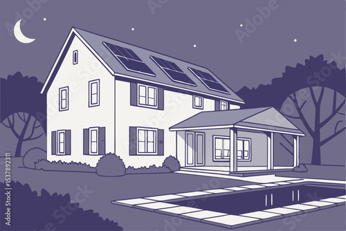 Night view of a beautiful white house with solar panels and a swimming pool
