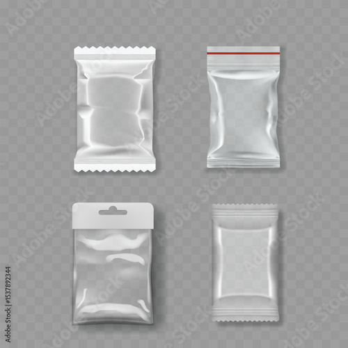 Set of Transparent Plastic Pouch Mockups .Vector