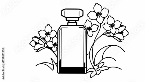 Elegant perfume bottle surrounded by delicate floral arrangements in a minimalist line art style created with generated ai