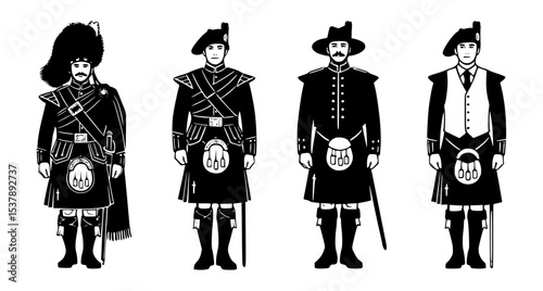 scottish attire silhouette set, isolated background