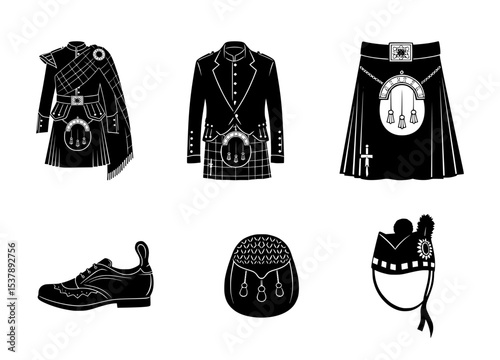 scottish attire silhouette set, isolated background