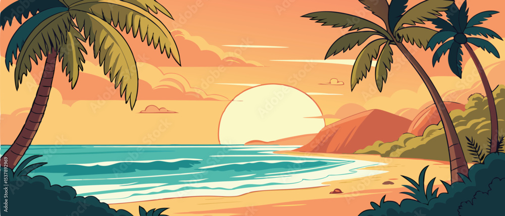 Fototapeta premium Tropical Beach Sunset with Palm Trees Landscape
