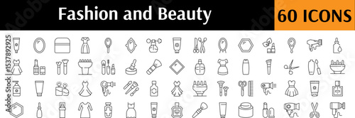 Beauty Line Icon Set. Contains Icons of Perfume, Brush, Cosmetics, Hair Dryer for Graphics, Concept, Apps