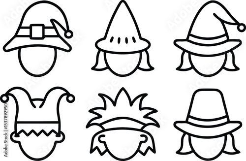 Outline scarecrow hat styles icon set isolated on transparent background