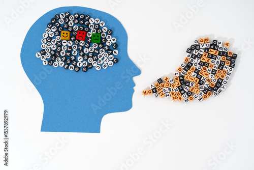 A paper-cut human head with mix of letters in the brain area, accompanied by block cubes labeled with sad, smile, and expressionless emojis, and streams of mixed letters flow from the mouth