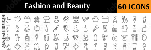 Line Icon Set of Beauty. Contains Icons of Perfume, Brush, Cosmetics, Hair Dryer for Graphics, Concept, Apps