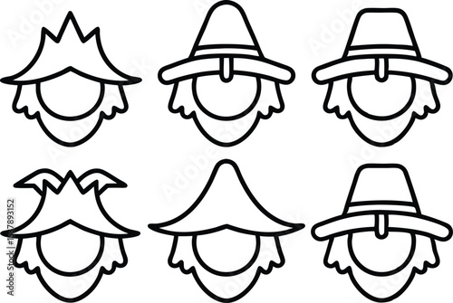 Outline scarecrow hat styles icon set isolated on transparent background