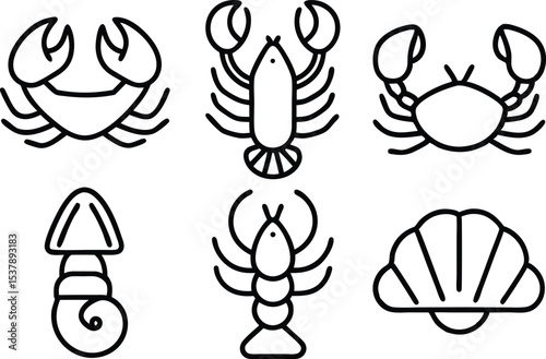 Seafood market outline icons set isolated on transparent background