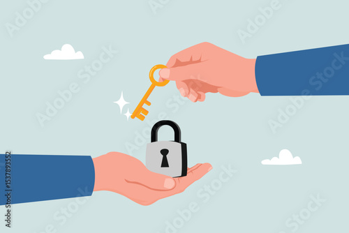 Business solution concept. Entrepreneur's hand holding the key and lock. Teamwork strategy.