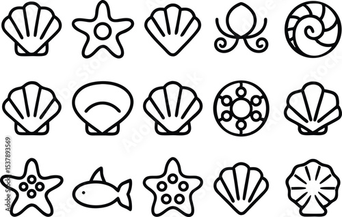 Seashell and pearl icon set collection ocean theme graphics isolated on transparent background