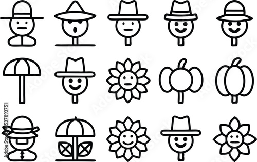 A flat icon set featuring seasonal scarecrow designs isolated on transparent background