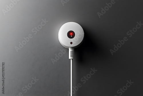 Minimalist circular device with red indicator light and connected cable on a grey backdrop