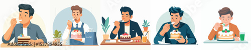 vector of a man eating a birthday cake
