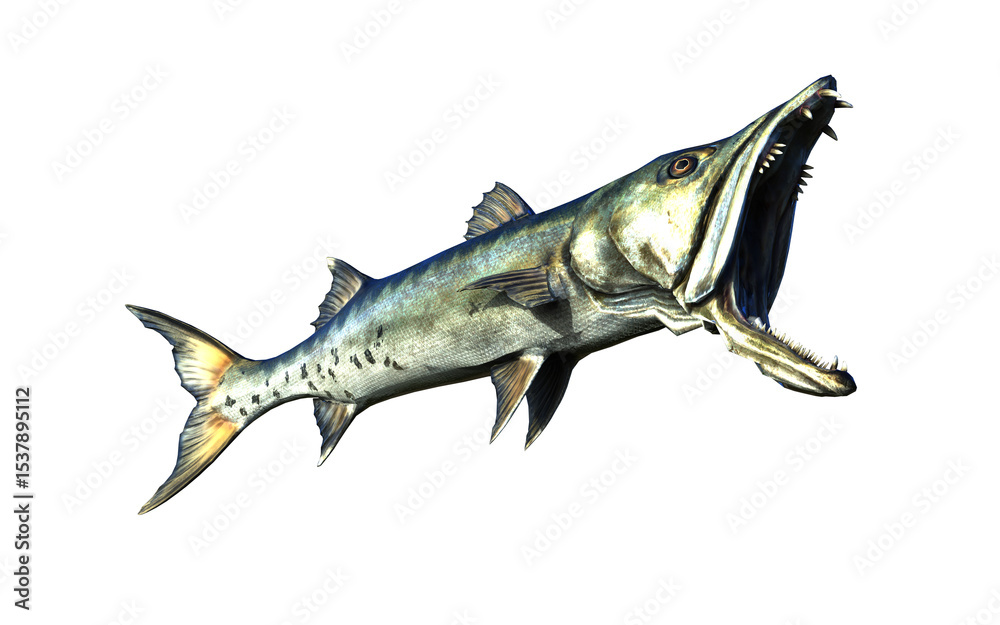 Naklejka premium 3d Illustration of A swift, silver barracuda glides through deep waters, eyes locked, ready to strike with deadly precision.