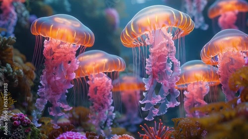 Very realistic and glowing deep sea coral reef with jellyfish
