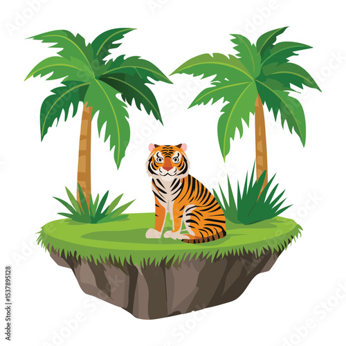 Tiger on Tropical Island with Palms